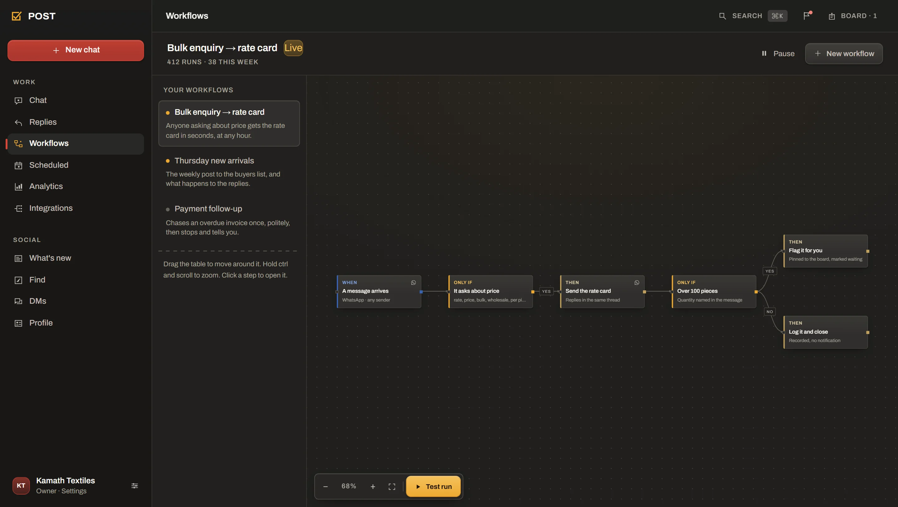 A workflow on the console's canvas: a message arrives, it asks about price, the rate card goes out, and anything over a hundred pieces is flagged for a human.