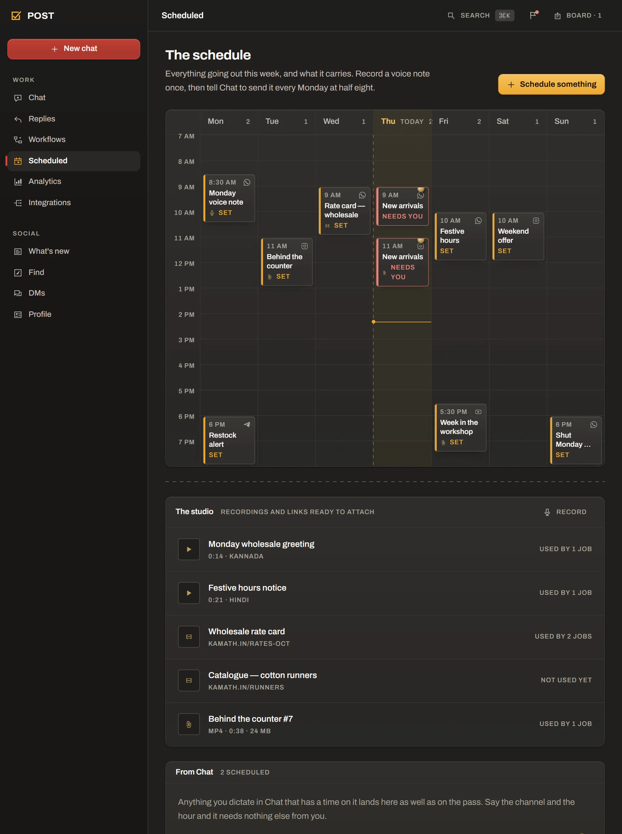 The scheduled week, laid out against the clock, with today marked and two jobs waiting on a check.